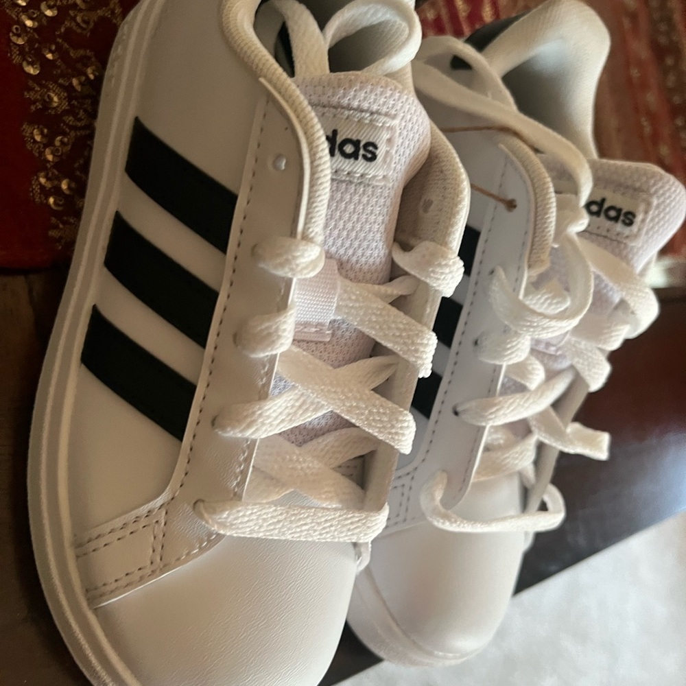adidas Kids White Sneakers with Black Stripes